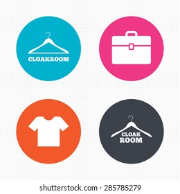 Circle buttons. Cloakroom icons. Hanger wardrobe signs. T-shirt clothes and baggage symbols. Seamless squares texture. Vector