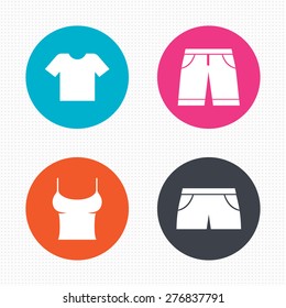 Circle buttons. Clothes icons. T-shirt and bermuda shorts signs. Swimming trunks symbol. Seamless squares texture. Vector