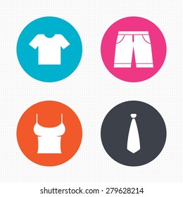 Circle buttons. Clothes icons. T-shirt and bermuda shorts signs. Business tie symbol. Seamless squares texture. Vector