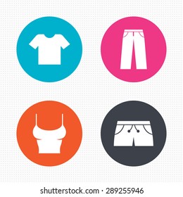 Circle buttons. Clothes icons. T-shirt and pants with shorts signs. Swimming trunks symbol. Seamless squares texture. Vector