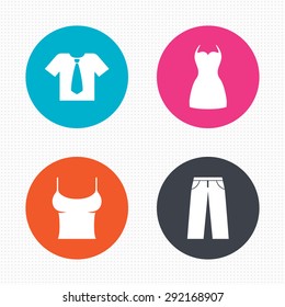 Circle buttons. Clothes icons. T-shirt with business tie and pants signs. Women dress symbol. Seamless squares texture. Vector