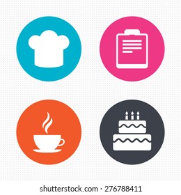 Circle buttons. Coffee cup icon. Chef hat symbol. Birthday cake signs. Document file. Seamless squares texture. Vector