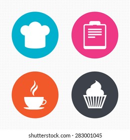 Circle buttons. Coffee cup icon. Chef hat symbol. Muffin cupcake signs. Document file. Seamless squares texture. Vector