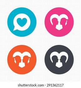 Circle buttons. Couple love icon. Lesbian and Gay lovers signs. Romantic homosexual relationships. Speech bubble with heart symbol. Seamless squares texture. Vector