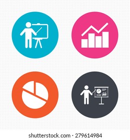 Circle buttons. Diagram graph Pie chart icon. Presentation billboard symbol. Man standing with pointer sign. Seamless squares texture. Vector