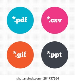 Circle buttons. Document icons. File extensions symbols. PDF, GIF, CSV and PPT presentation signs. Seamless squares texture. Vector