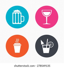 Circle buttons. Drinks icons. Take away coffee cup and glass of beer symbols. Wine glass and cocktail signs. Seamless squares texture. Vector