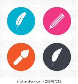 Circle buttons. Feather retro pen icons. Paint brush and pencil symbols. Artist tools signs. Seamless squares texture. Vector