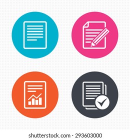 Circle buttons. File document icons. Document with chart or graph symbol. Edit content with pencil sign. Select file with checkbox. Seamless squares texture. Vector