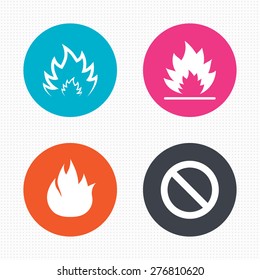 Circle buttons. Fire flame icons. Prohibition stop sign symbol. Seamless squares texture. Vector