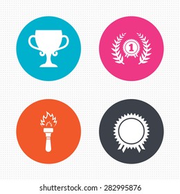Circle buttons. First place award cup icons. Laurel wreath sign. Torch fire flame symbol. Prize for winner. Seamless squares texture. Vector