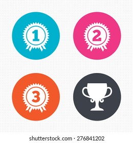 Circle buttons. First, second and third place icons. Award medals sign symbols. Prize cup for winner. Seamless squares texture. Vector