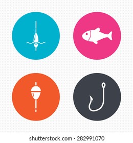 Circle buttons. Fishing icons. Fish with fishermen hook sign. Float bobber symbol. Seamless squares texture. Vector