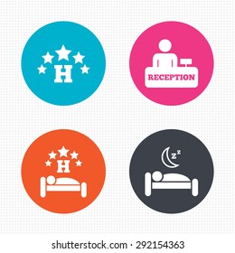 Circle buttons. Five stars hotel icons. Travel rest place symbols. Human sleep in bed sign. Hotel check-in registration or reception. Seamless squares texture. Vector