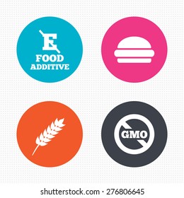 Circle buttons. Food additive icon. Hamburger fast food sign. Gluten free and No GMO symbols. Without E acid stabilizers. Seamless squares texture. Vector