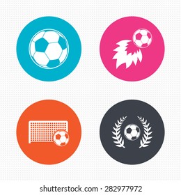 Circle buttons. Football icons. Soccer ball sport sign. Goalkeeper gate symbol. Winner award laurel wreath. Goalscorer fireball. Seamless squares texture. Vector