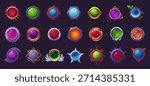 Circle buttons. Game design, ui ux button interface. Gemstone magic spheres, decorative pendant or witchcraft amulets. Cartoon nowaday vector clipart