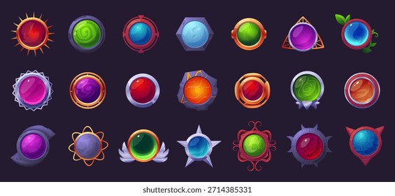 Botões de círculo. Design de jogo, interface de botão do ui ux. Esferas mágicas de pedra preciosa, pingente decorativo ou amuletos de bruxaria. Cartoon hoje em dia clipart vetor