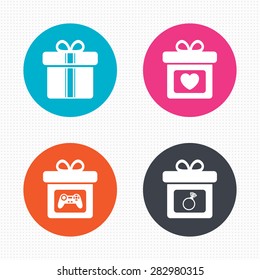 Circle buttons. Gift box sign icons. Present with bow and ribbons symbols. Engagement ring sign. Video game joystick. Seamless squares texture. Vector