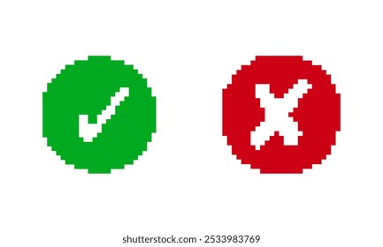 Botones de círculo de cuadros verdes e ícono de la Cruz Roja en estilo de arte de píxeles. Compruebe el icono de marca. Icono de casilla de verificación con Botones de círculo correcto e incorrecto. Ilustración vectorial aislada.