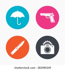 Circle buttons. Gun weapon icon.Knife, umbrella and photo camera with flash signs. Edged hunting equipment. Prohibition objects. Seamless squares texture. Vector