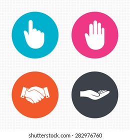 Circle buttons. Hand icons. Handshake successful business symbol. Click here press sign. Human helping donation hand. Seamless squares texture. Vector
