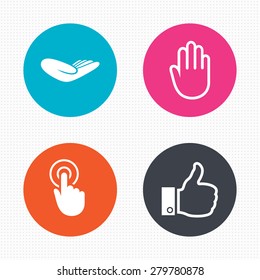 Circle buttons. Hand icons. Like thumb up symbol. Click here press sign. Helping donation hand. Seamless squares texture. Vector