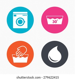 Circle buttons. Hand wash icon. Machine washable at 30 degrees symbols. Laundry washhouse and water drop signs. Seamless squares texture. Vector