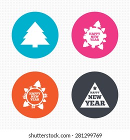 Circle buttons. Happy new year icon. Christmas trees signs. World globe symbol. Vector