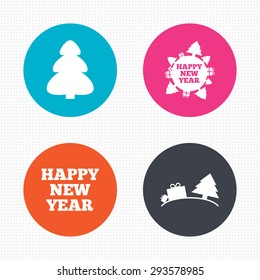 Circle buttons. Happy new year icon. Christmas trees signs. World globe symbol. Seamless squares texture. Vector