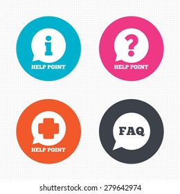 Circle buttons. Help point icons. Question and information symbols. FAQ speech bubble signs. Seamless squares texture. Vector