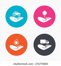 Circle buttons. Helping hands icons. Agricultural tractor insurance symbol. Delivery truck sign. Save nature forest. Water drop. Seamless squares texture. Vector