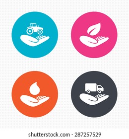 Circle buttons. Helping hands icons. Agricultural tractor insurance symbol. Delivery truck sign. Save nature leaf and water drop. Seamless squares texture. Vector
