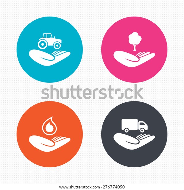 Circle buttons. Helping\
hands icons. Agricultural tractor insurance symbol. Delivery truck\
sign. Save nature forest. Water drop. Seamless squares texture.\
Vector