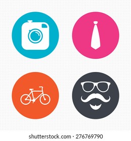 Circle buttons. Hipster photo camera. Mustache with beard icon. Glasses and tie symbols. Bicycle sign. Seamless squares texture. Vector
