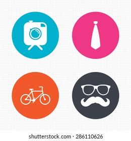 Circle buttons. Hipster photo camera with mustache icon. Glasses and tie symbols. Bicycle family vehicle sign. Seamless squares texture. Vector