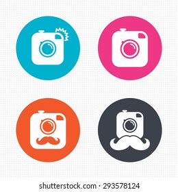 Circle buttons. Hipster photo camera with mustache icons. Retro camera symbols. Seamless squares texture. Vector