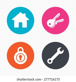 Circle buttons. Home key icon. Wrench service tool symbol. Locker sign. Main page web navigation. Seamless squares texture. Vector