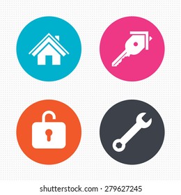 Circle buttons. Home key icon. Wrench service tool symbol. Locker sign. Main page web navigation. Seamless squares texture. Vector