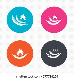 Circle buttons. Hot chili pepper icons. Spicy food fire sign symbols. Seamless squares texture. Vector