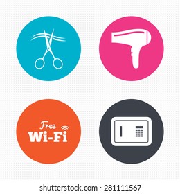 Circle buttons. Hotel services icons. Wi-fi, Hairdryer and deposit lock in room signs. Wireless Network. Hairdresser or barbershop symbol. Seamless squares texture. Vector