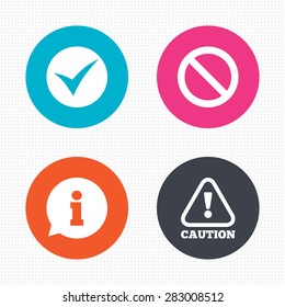 Botones Círculo. Iconos de información. Detengan la prohibición y presten atención a los signos de precaución. Símbolo de marca de verificación aprobado. Textura cuadrada sin inconvenientes. Vector