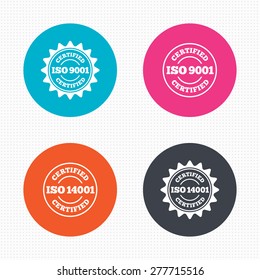 Circle buttons. ISO 9001 and 14001 certified icons. Certification star stamps symbols. Quality standard signs. Seamless squares texture. Vector