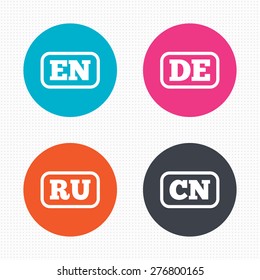 Circle buttons. Language icons. EN, DE, RU and CN translation symbols. English, German, Russian and Chinese languages. Seamless squares texture. Vector
