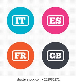 Circle buttons. Language icons. IT, ES, FR and GB translation symbols. Italy, Spain, France and England languages. Seamless squares texture. Vector