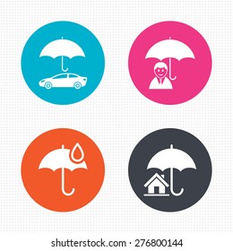 Circle buttons. Life, Real estate or Home icons. Umbrella with water drop symbol. Car protection sign. Seamless squares texture. Vector