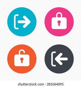 Circle buttons. Login and Logout icons. Sign in or Sign out symbols. Lock icon. Seamless squares texture. Vector