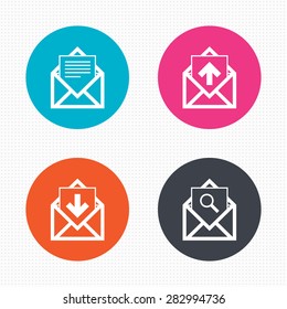 Circle buttons. Mail envelope icons. Find message document symbol. Post office letter signs. Inbox and outbox message icons. Seamless squares texture. Vector