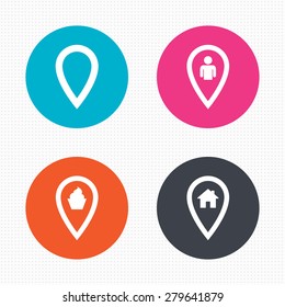 Circle buttons. Map pointer icons. Home, food and user location symbols. Restaurant and cupcake signs. You are here. Seamless squares texture. Vector