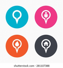 Circle buttons. Map circle pointer icons. Home, food and user location symbols. Restaurant and cupcake signs. You are here. Seamless squares texture. Vector